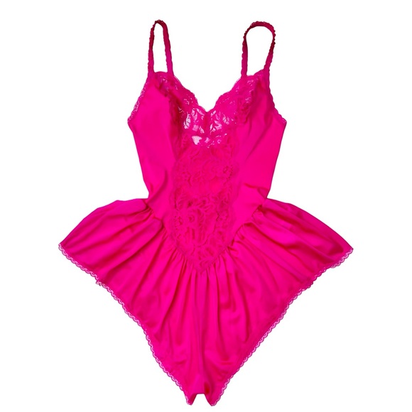 Vintage Olga Hot Fuchsia Pink Lace Teddy RomperSize S (Fits Modern XS) 🩷